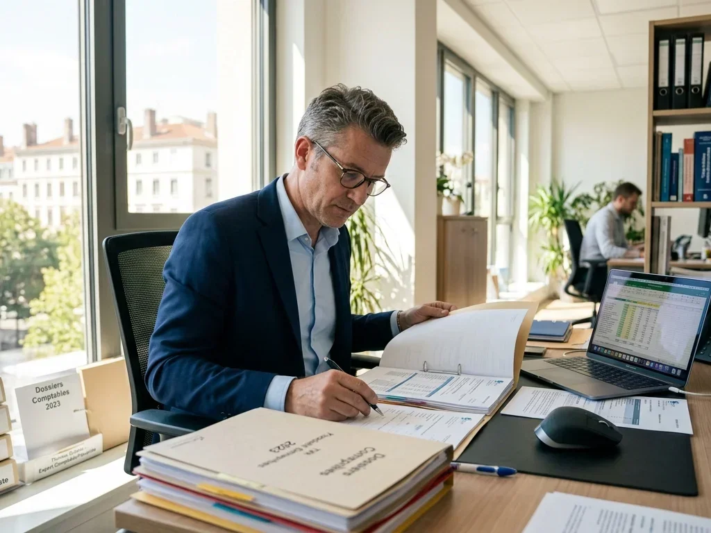 Thomas, expert en fiscalité, travaille sur des dossiers comptables dans son bureau professionnel lumineux.