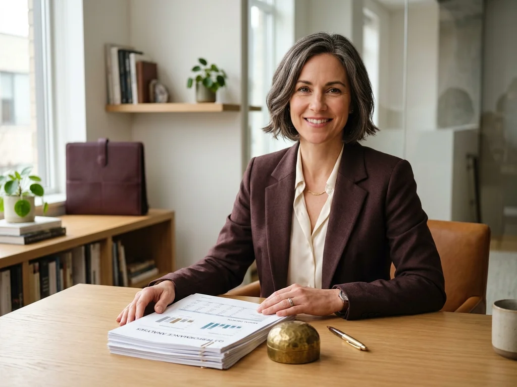 Isabelle Rocher, experte en fiscalité, travaille sur des dossiers comptables dans son bureau professionnel lumineux.