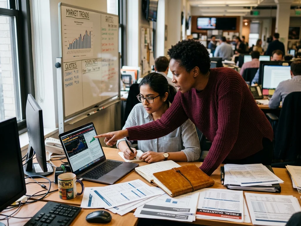 Des journalistes collaborent dans une rédaction économique lumineuse autour de rapports financiers et d'écrans.