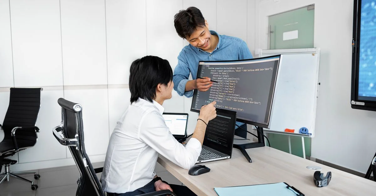 Deux jeunes professionnels collaborant à un bureau avec des ordinateurs portables et des écrans dans un cadre de bureau moderne.