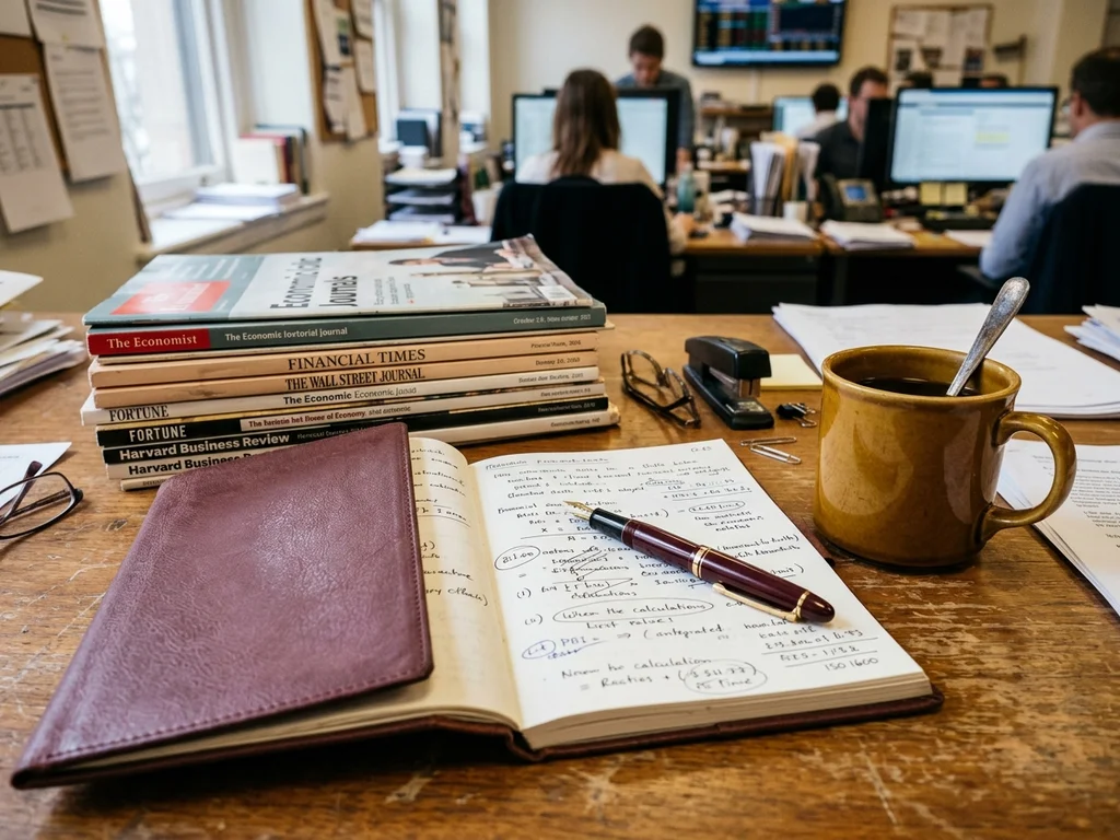 Espace de travail avec journaux économiques et notes manuscrites illustrant le quotidien de la rédaction.